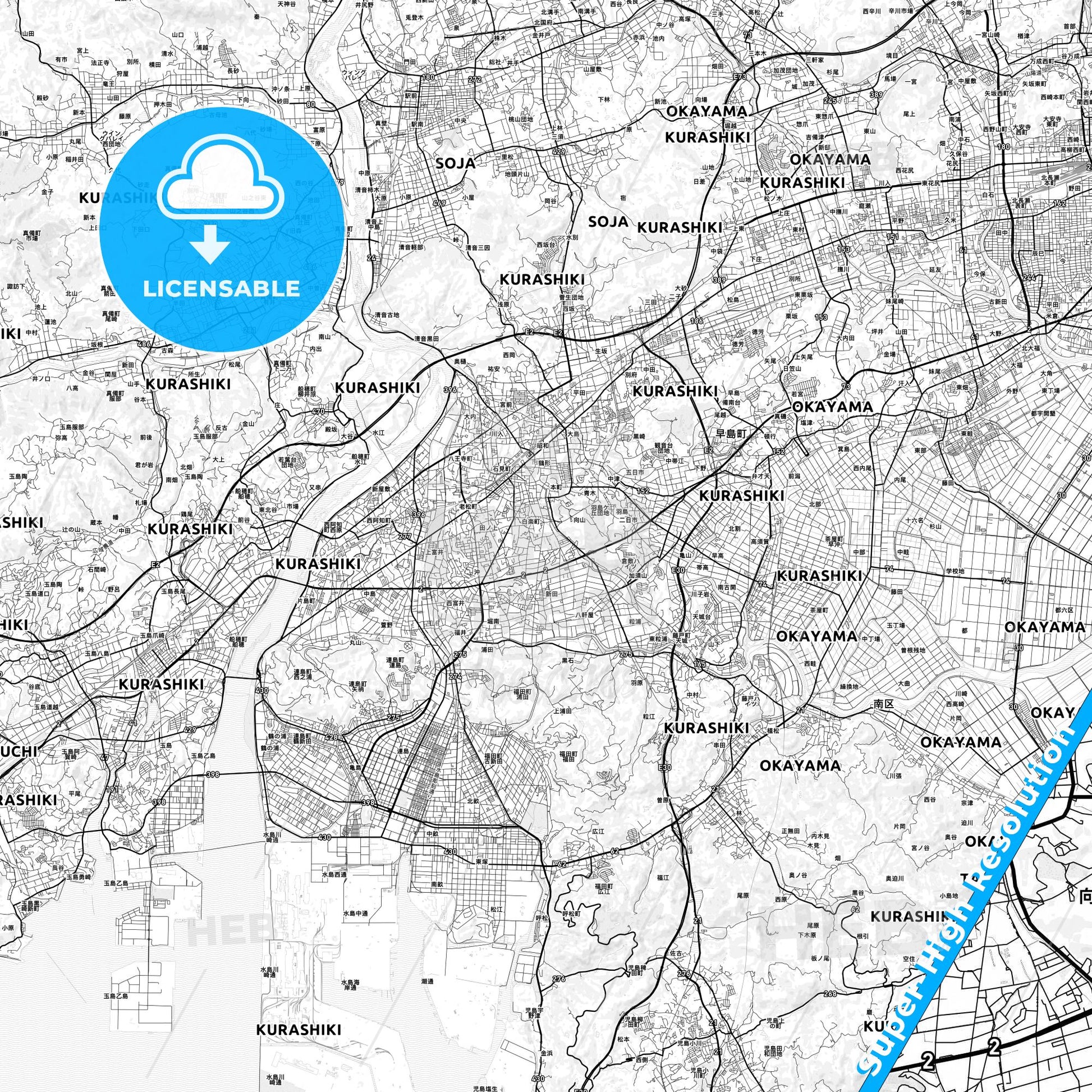 Kurashiki, Japan light map with streetnames, citynames and districts