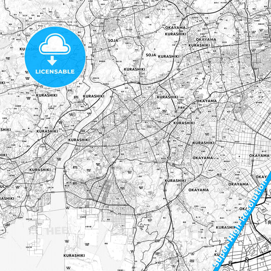 Kurashiki, Japan light map with streetnames, citynames and districts