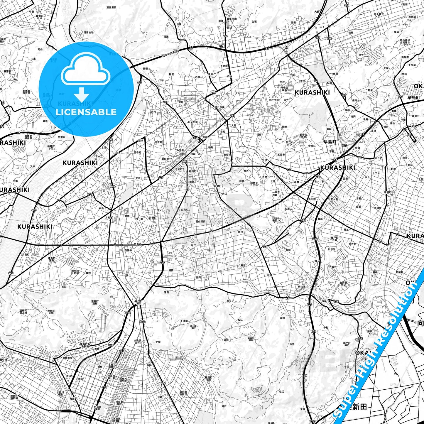 Kurashiki, Japan Light Map with Street Names, City Names, and Districts
