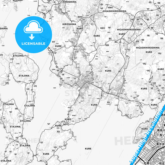 Kure, Japan light map with streetnames, citynames and districts