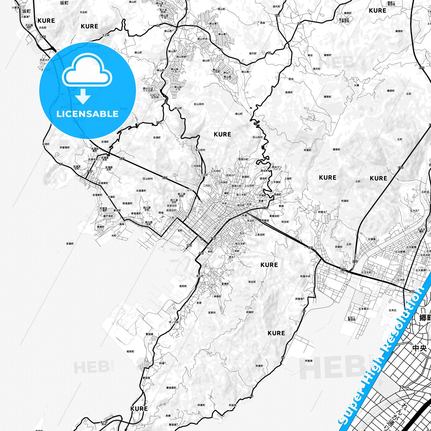 Kure, Japan Light Map with Street Names, City Names, and Districts