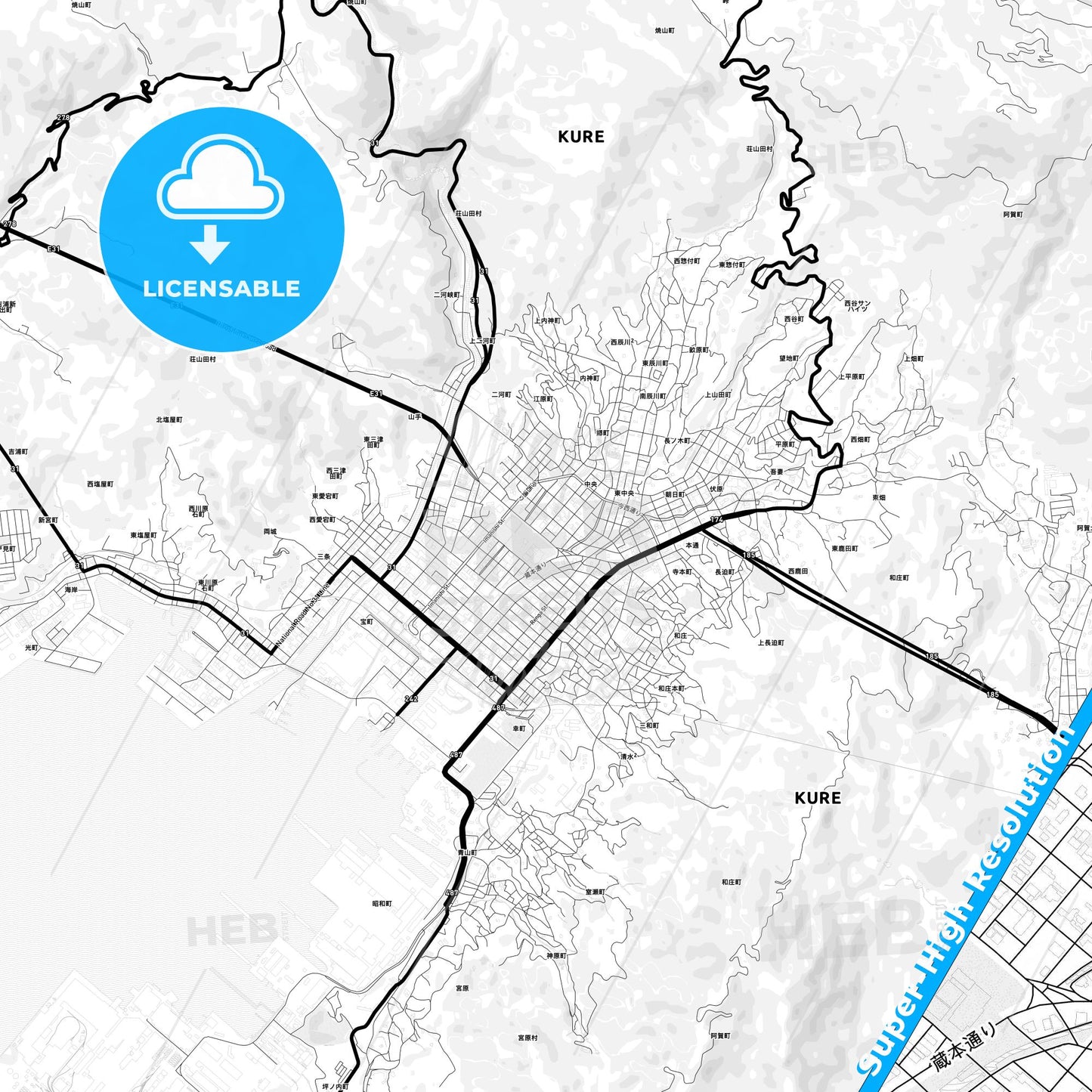 Kure, Japan Light Map with Street Names, City Names, and Districts