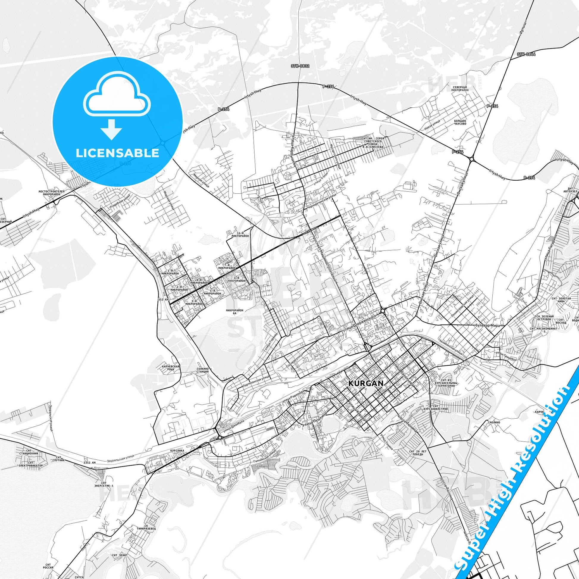 Kurgan, Russia light map with streetnames, citynames and districts