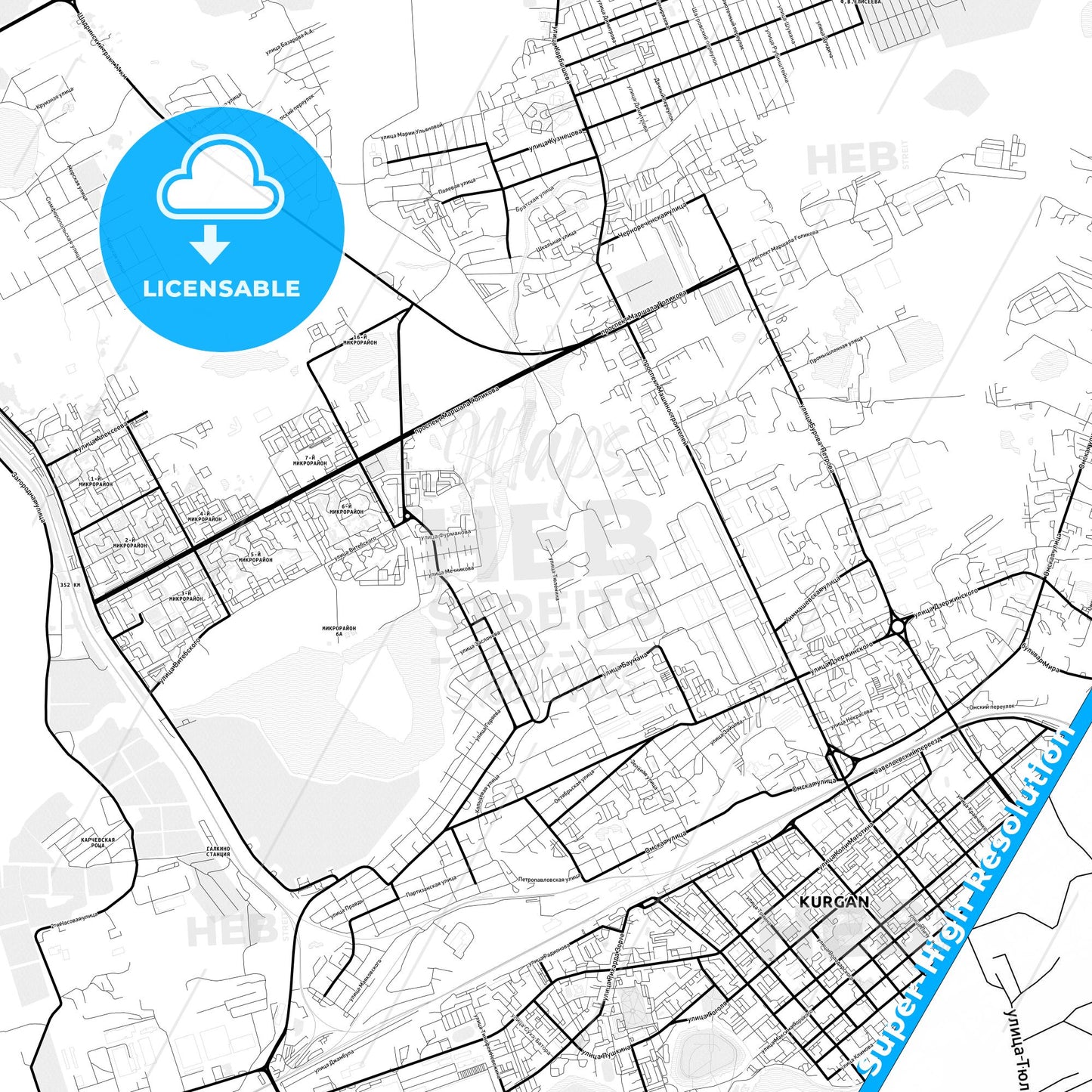Kurgan, Russia Light Map with Street Names, City Names, and Districts