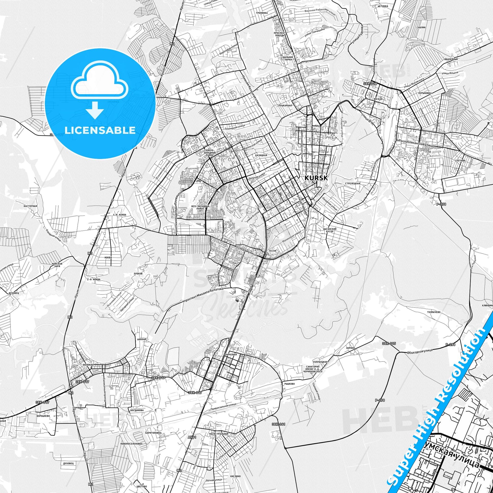 Kursk, Russia light map with streetnames, citynames and districts