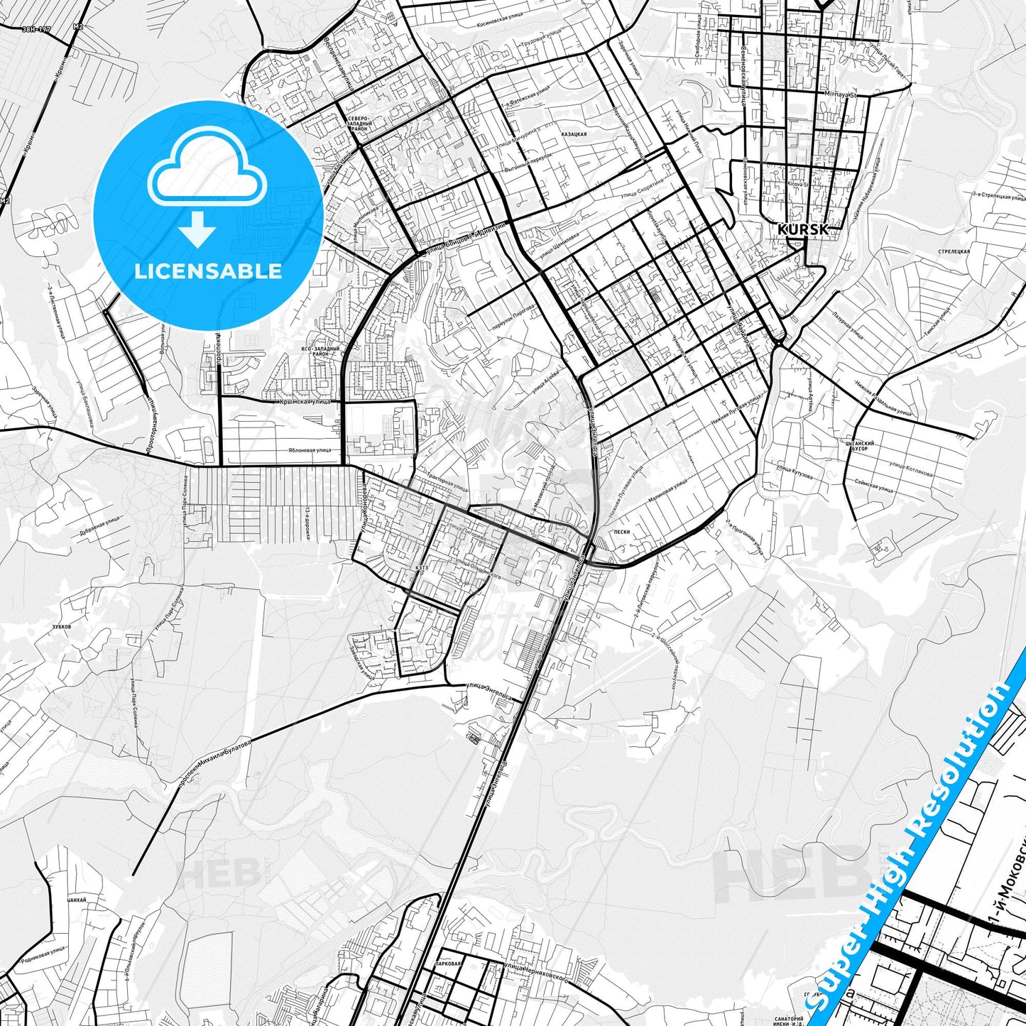 Kursk, Russia Light Map with Street Names, City Names, and Districts