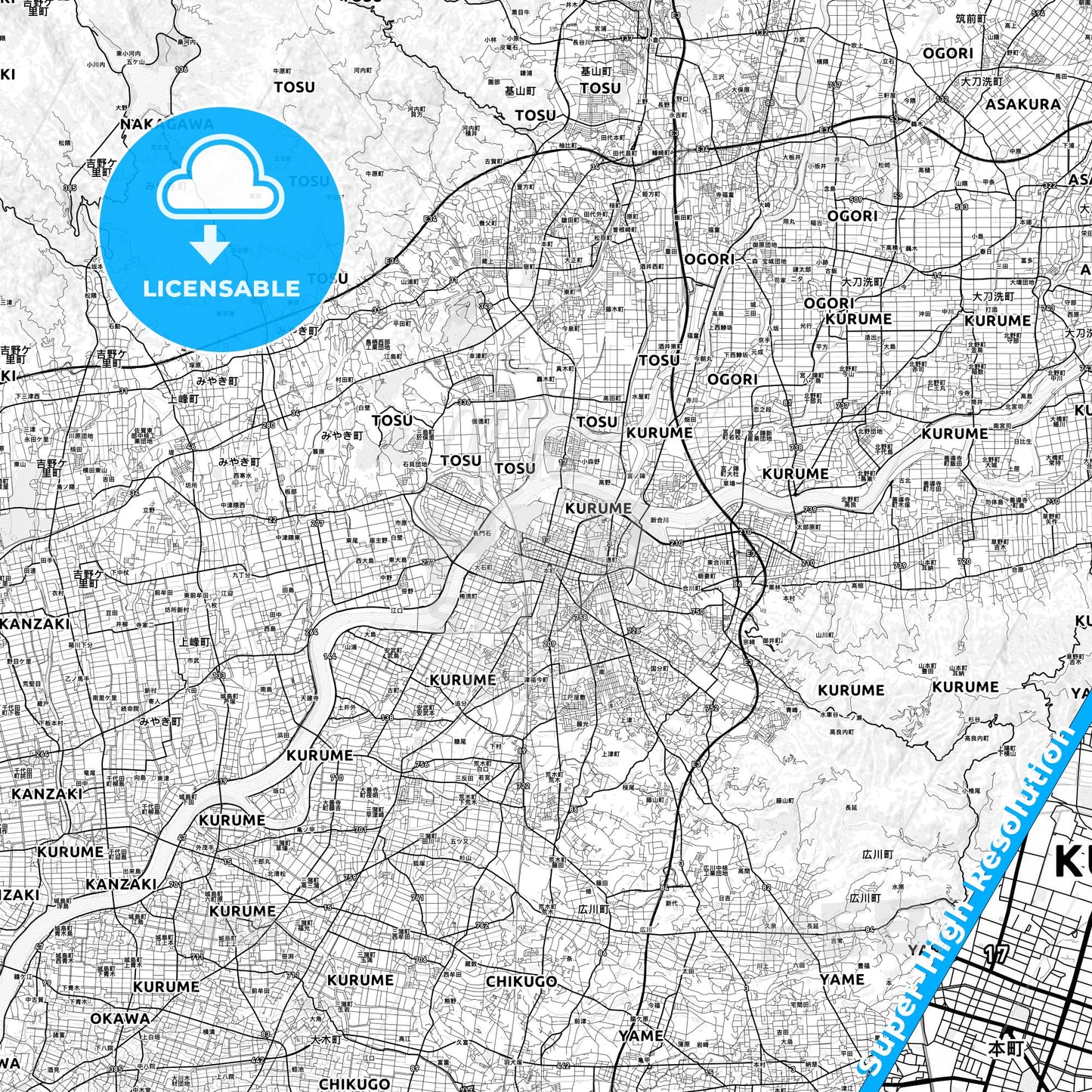 Kurume, Japan light map with streetnames, citynames and districts