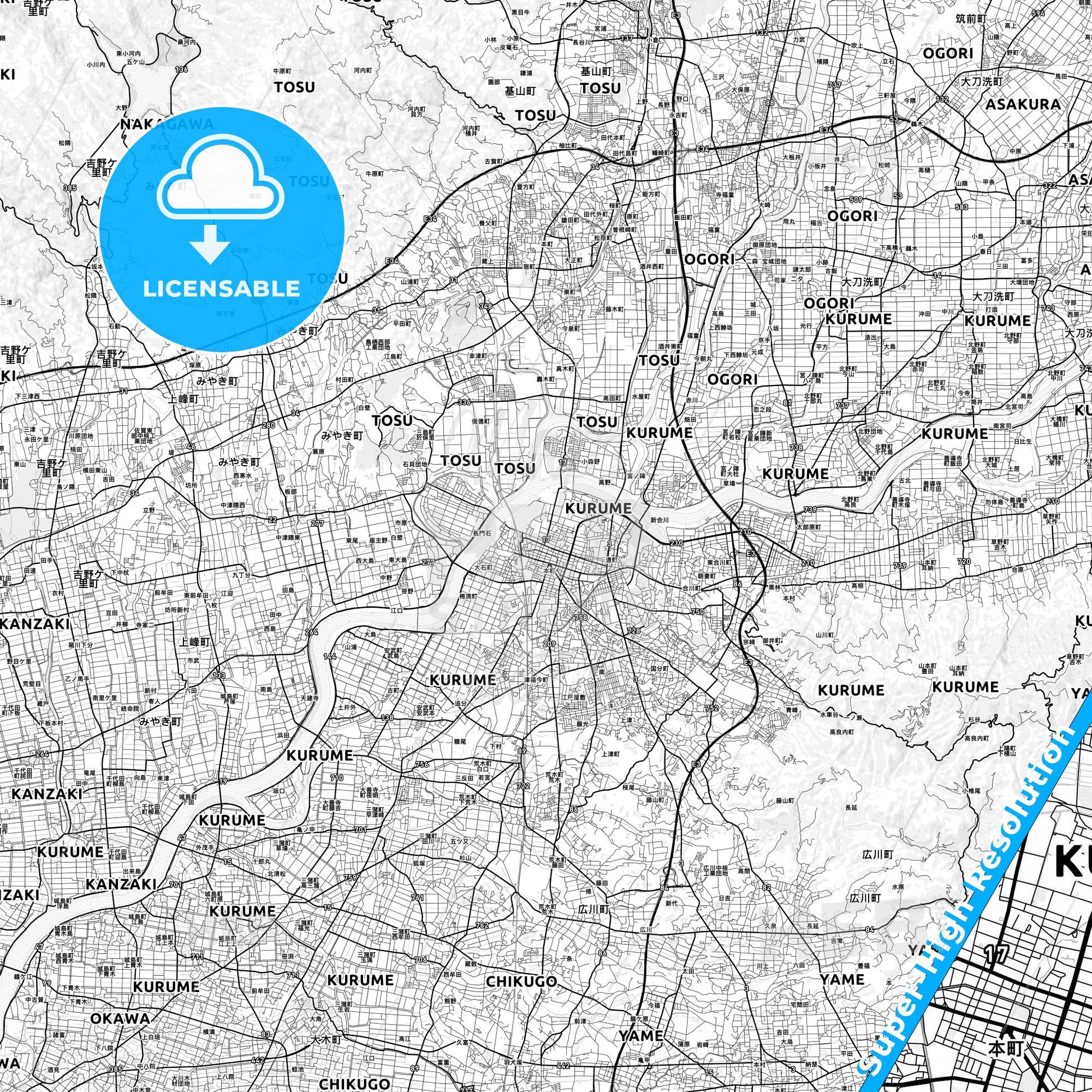 Kurume, Japan light map with streetnames, citynames and districts
