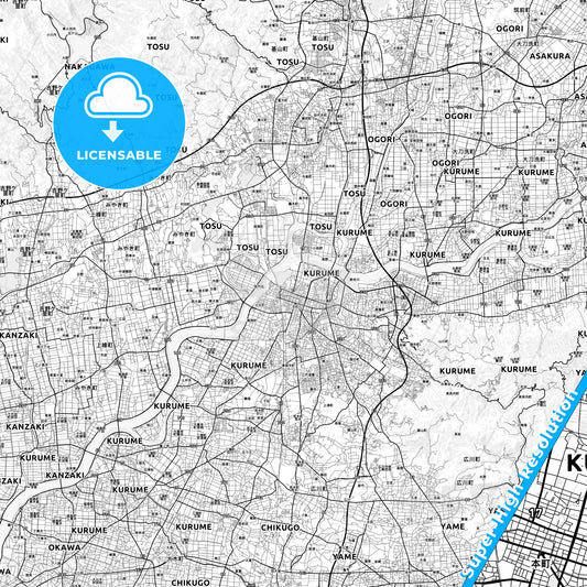 Kurume, Japan light map with streetnames, citynames and districts