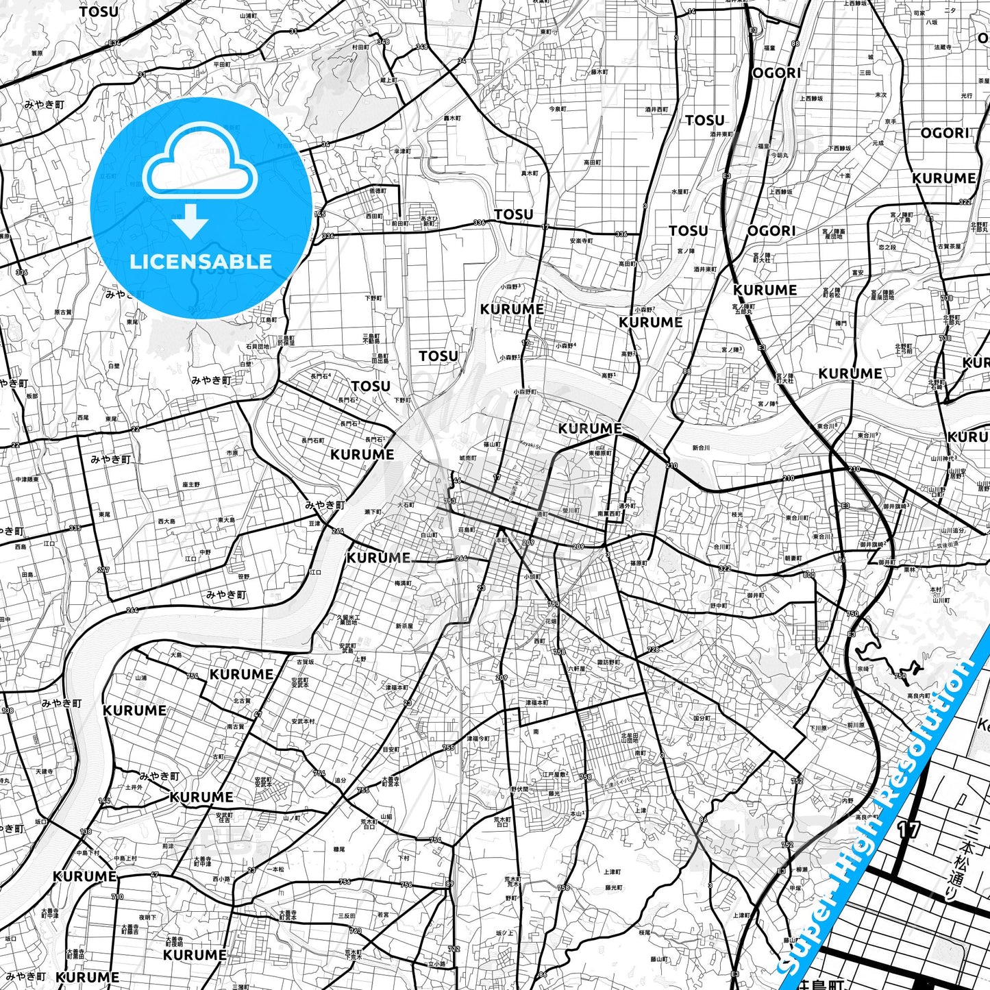 Kurume, Japan Light Map with Street Names, City Names, and Districts