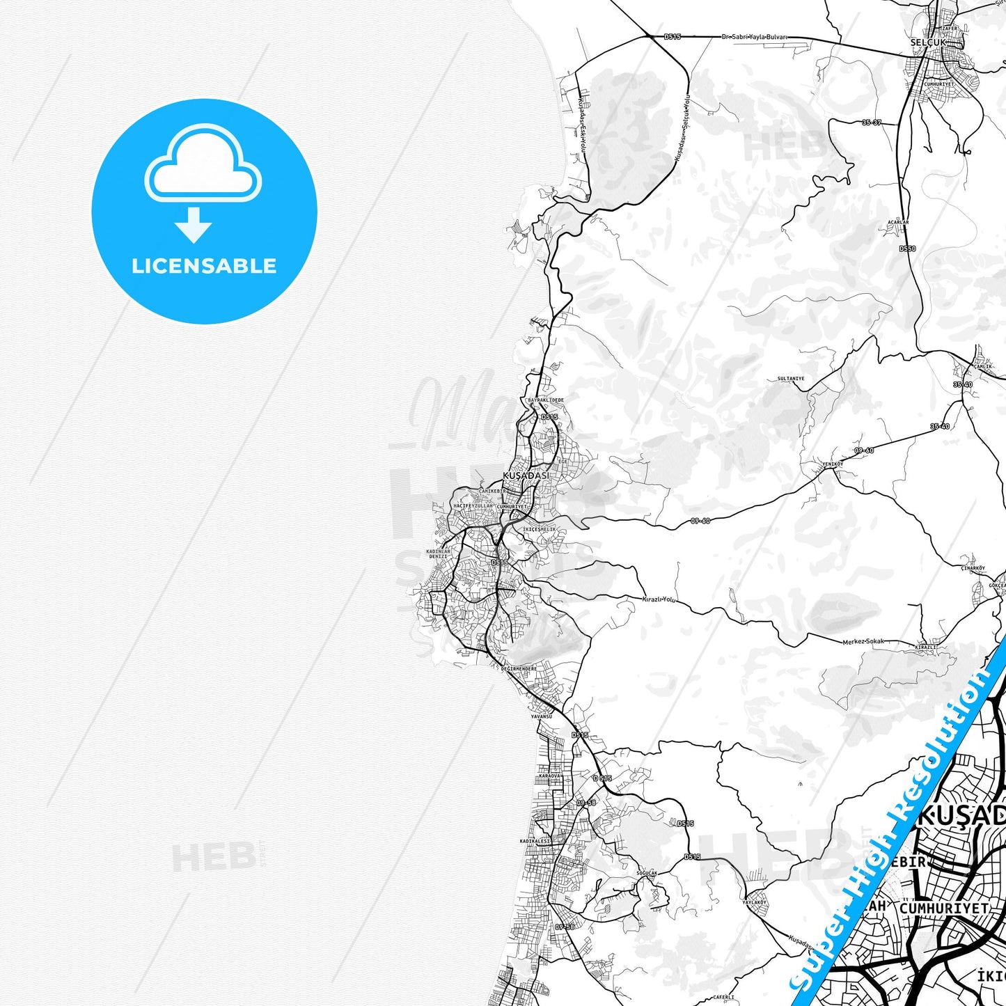 Kuşadası, Turkey light map with streetnames, citynames and districts