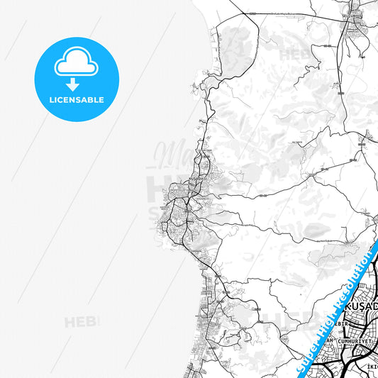 Kuşadası, Turkey light map with streetnames, citynames and districts