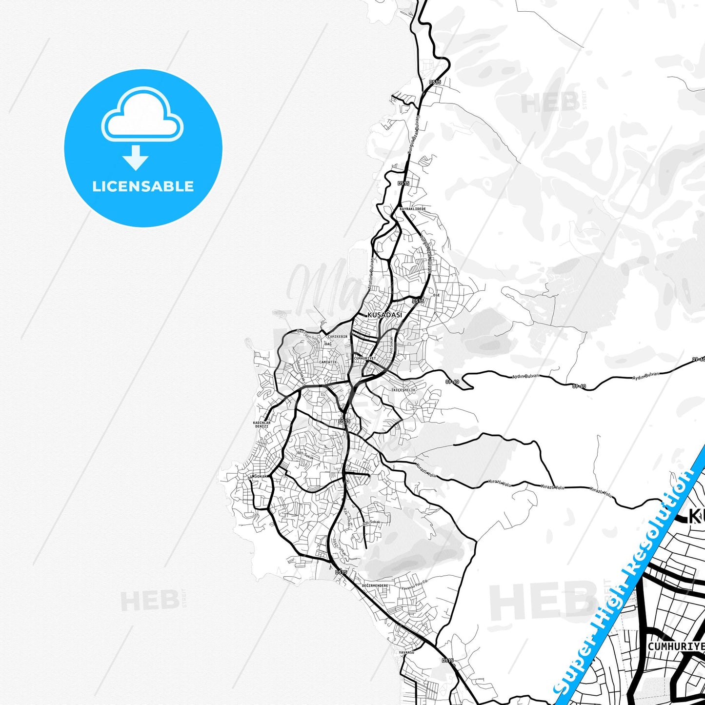 Kuşadası, Turkey Light Map with Street Names, City Names, and Districts