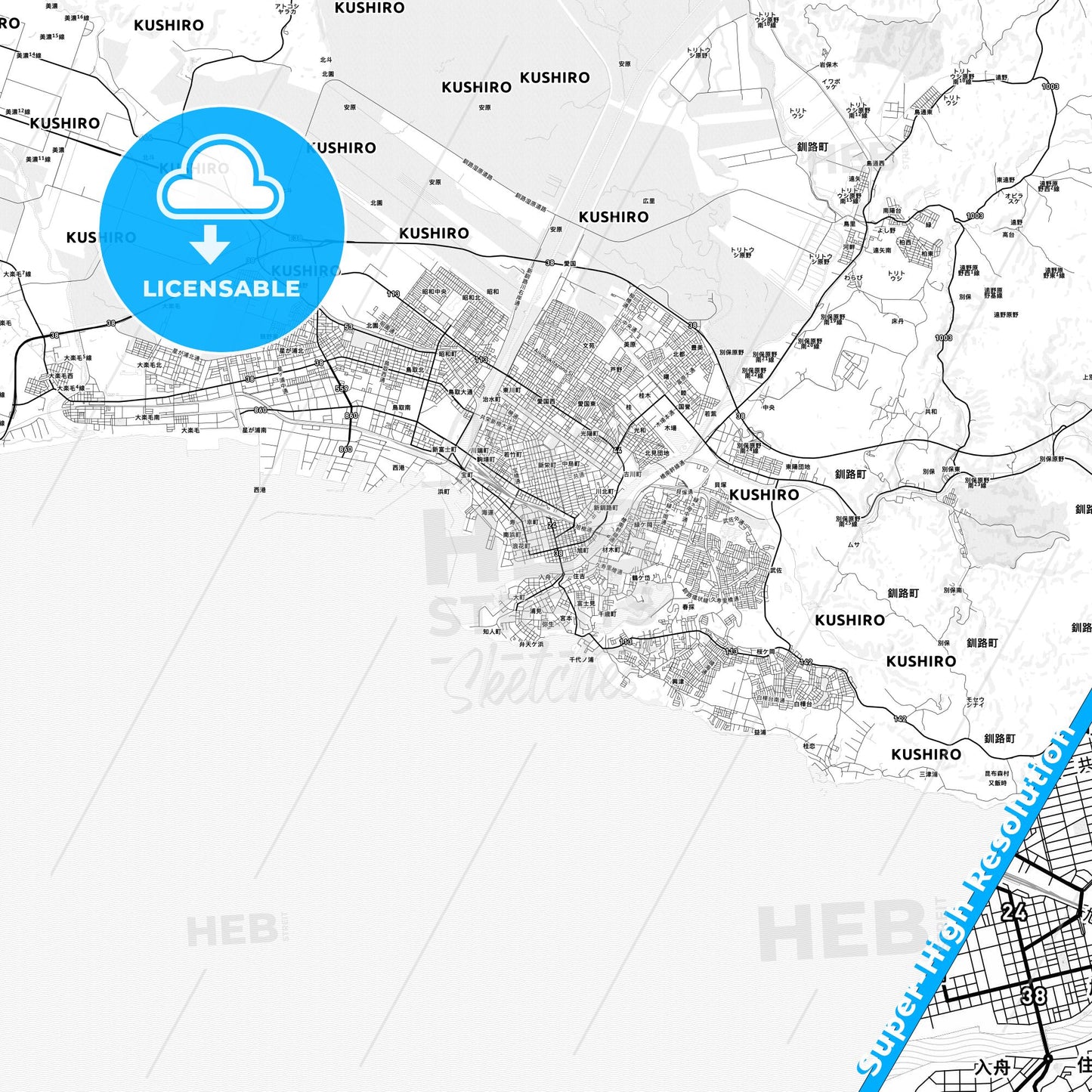 Kushiro, Japan light map with streetnames, citynames and districts