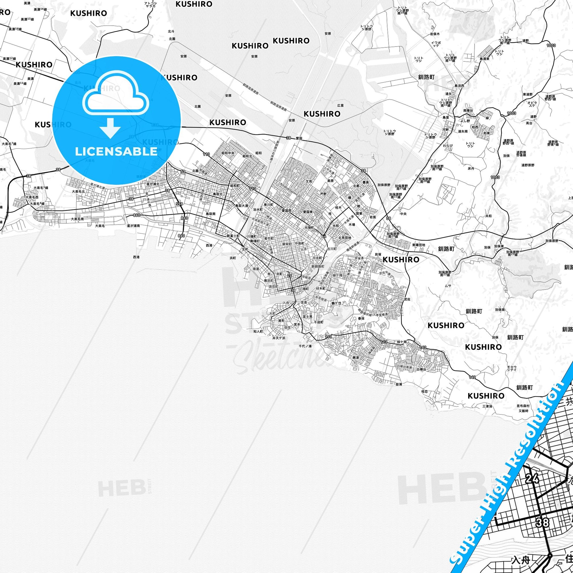 Kushiro, Japan light map with streetnames, citynames and districts