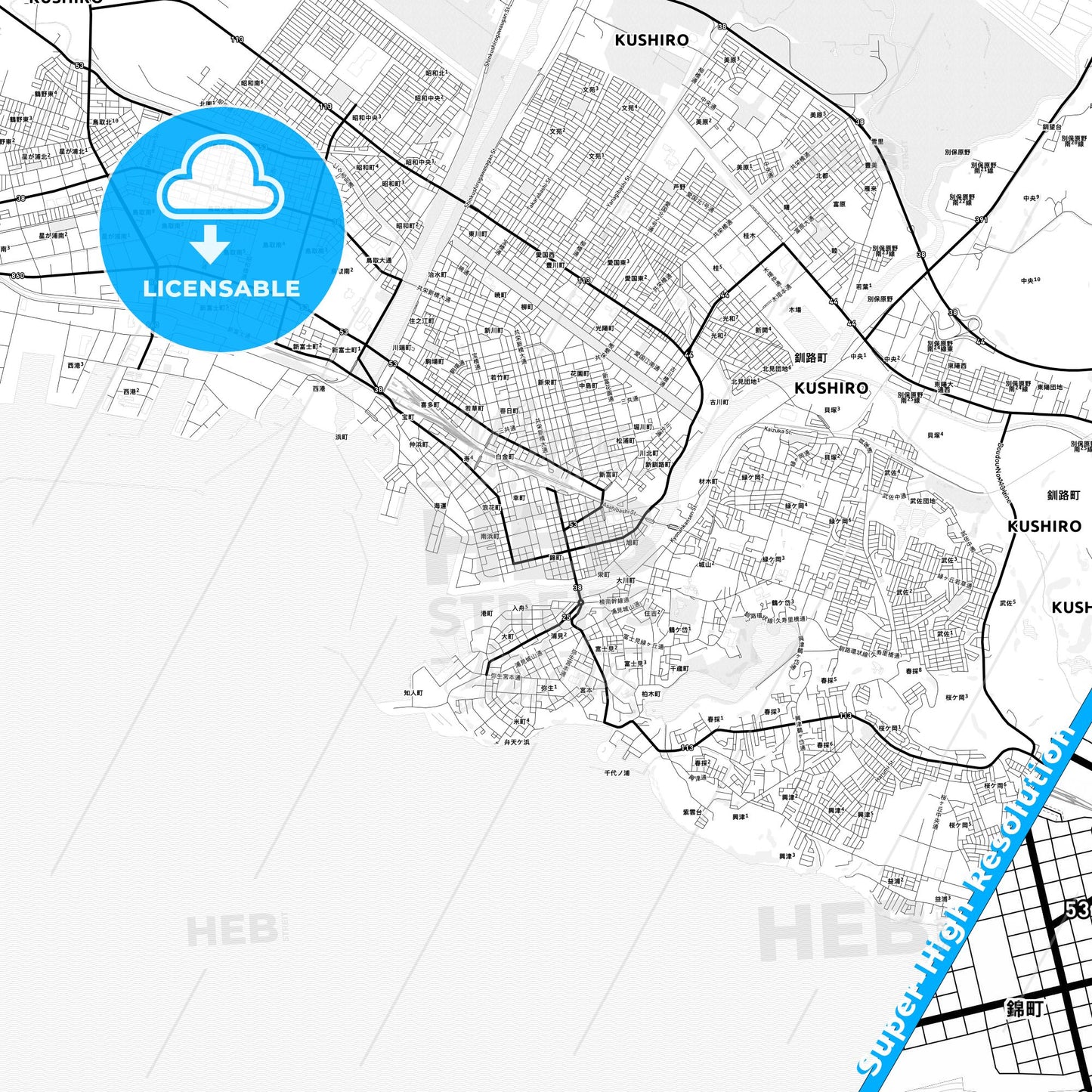 Kushiro, Japan Light Map with Street Names, City Names, and Districts