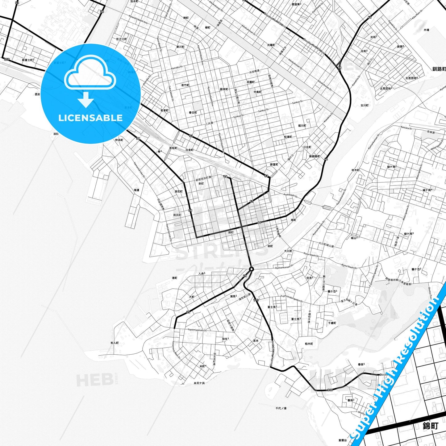 Kushiro, Japan Light Map with Street Names, City Names, and Districts