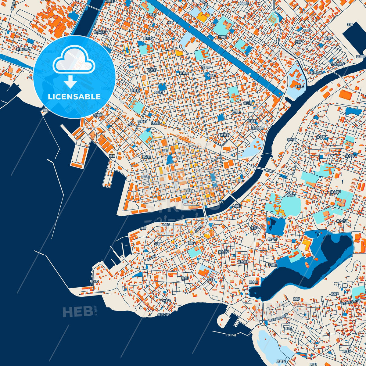 Colorful Kushiro Street Map with Labels and Buildings