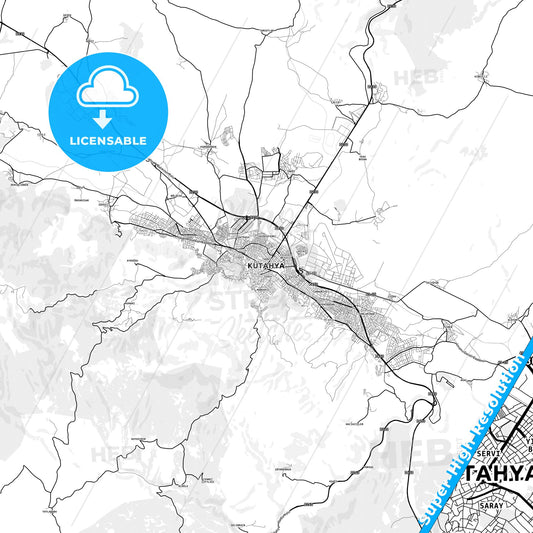 Kütahya, Turkey light map with streetnames, citynames and districts