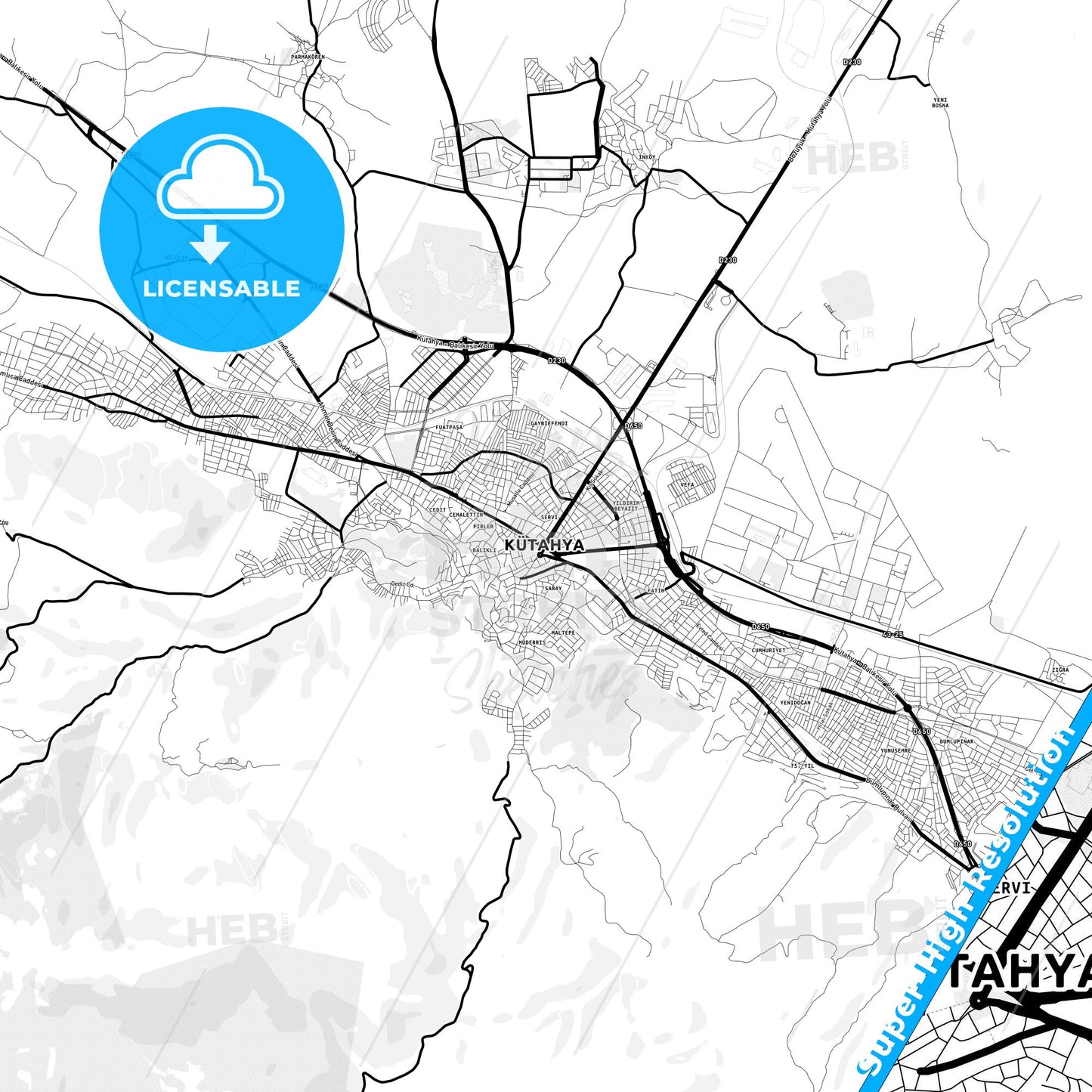 Kütahya, Turkey Light Map with Street Names, City Names, and Districts