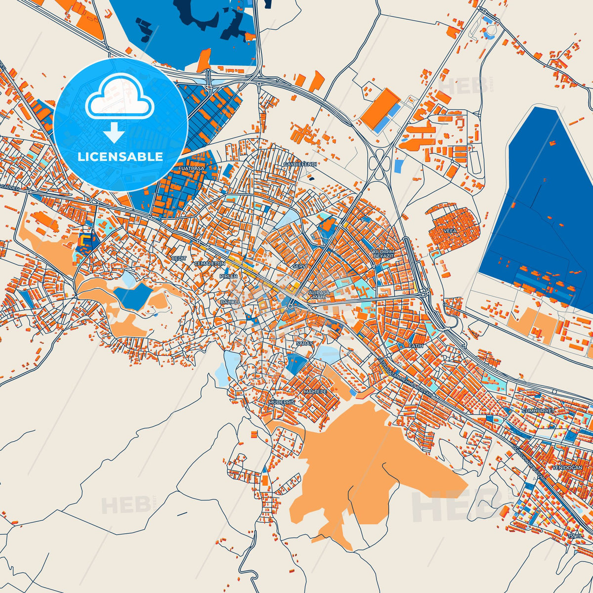 Colorful Kütahya Street Map with Labels and Buildings