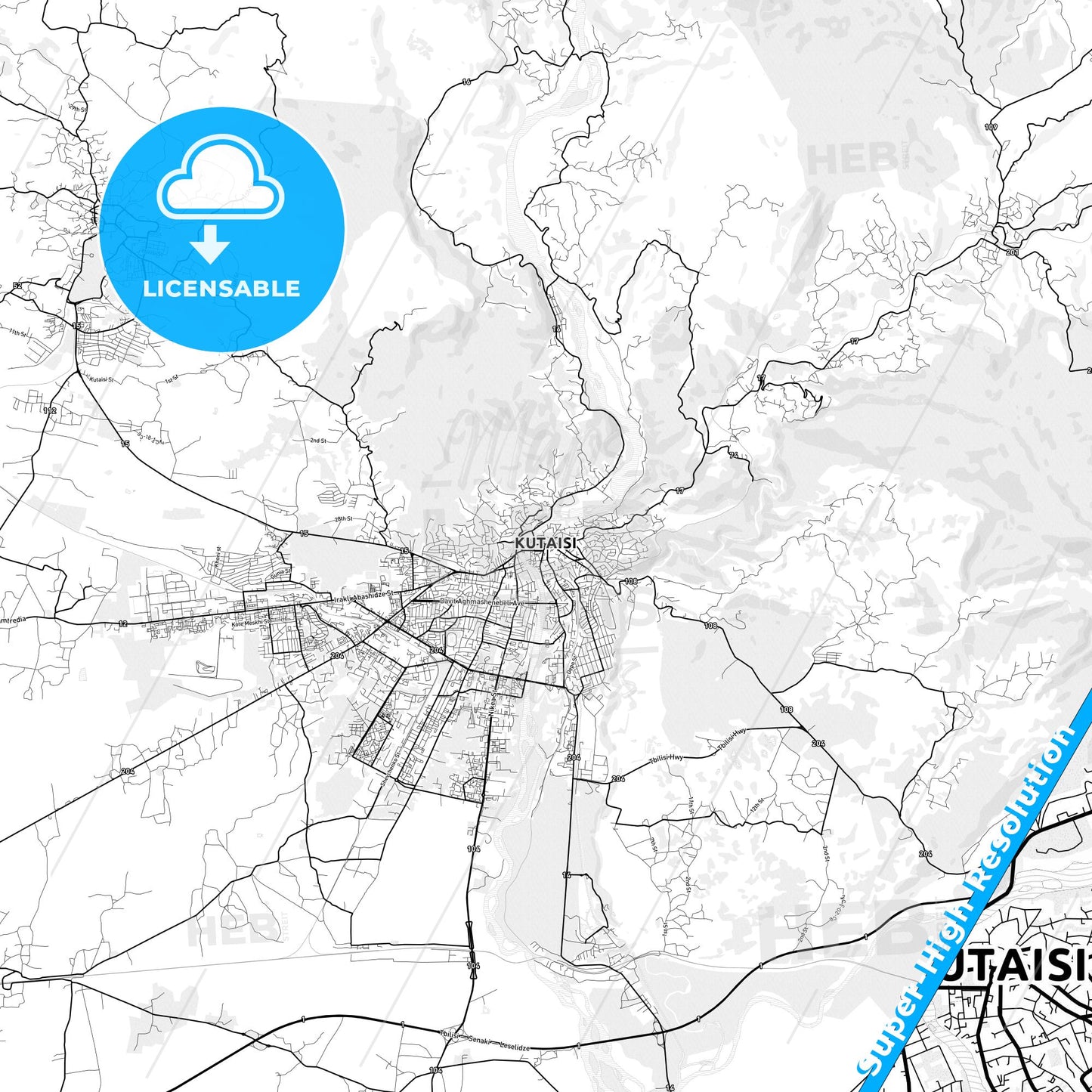 Kutaisi, Georgia light map with streetnames, citynames and districts