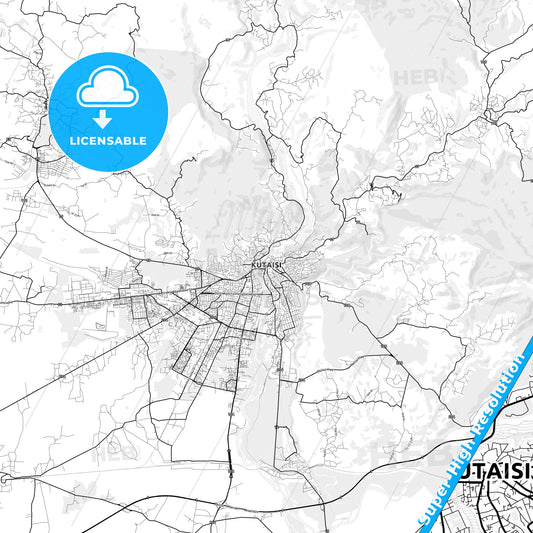 Kutaisi, Georgia light map with streetnames, citynames and districts