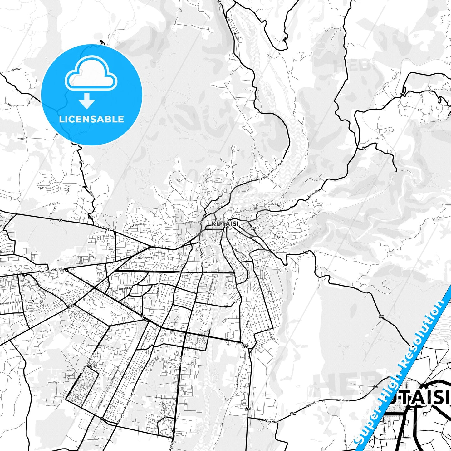 Kutaisi, Georgia Light Map with Street Names, City Names, and Districts