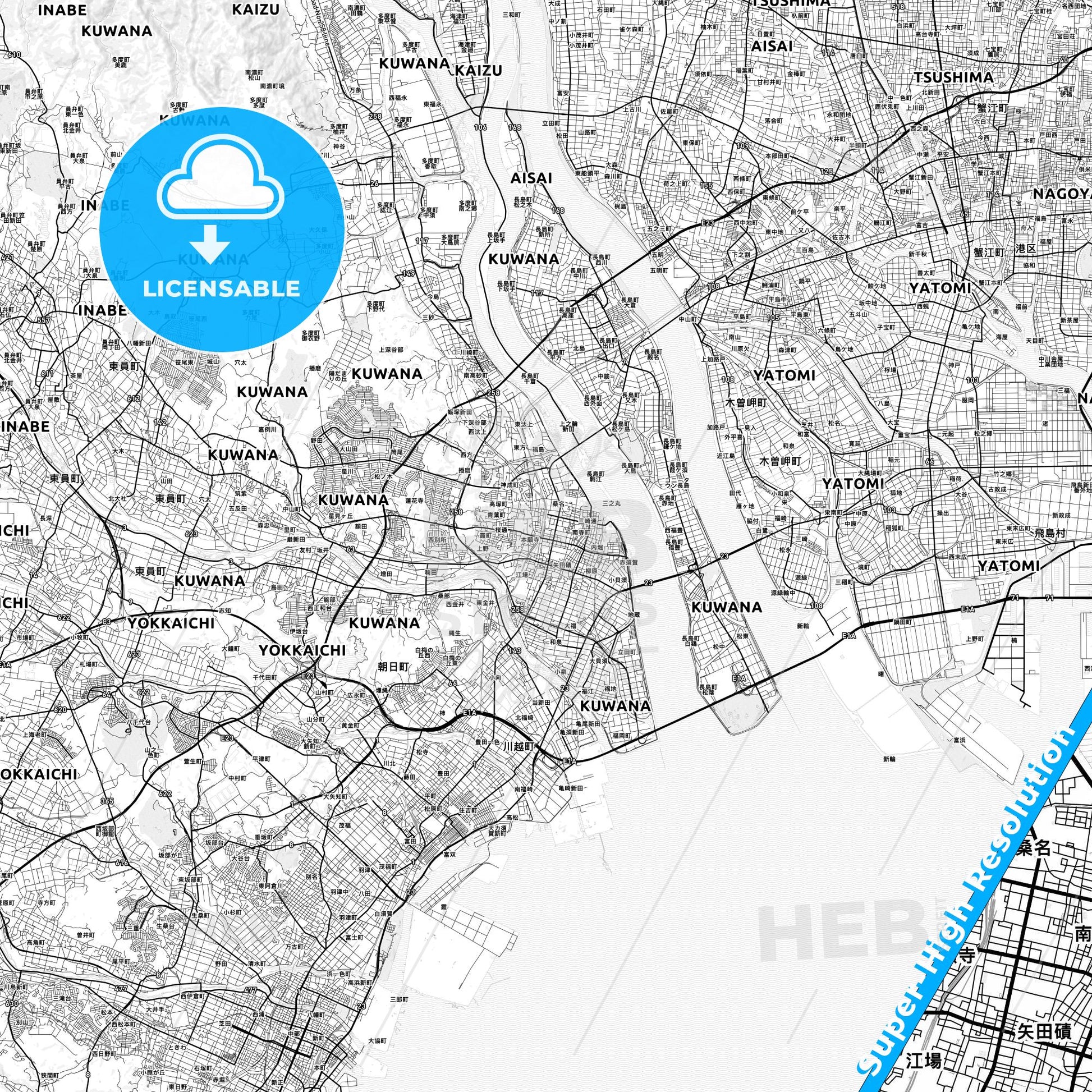 Kuwana, Japan light map with streetnames, citynames and districts