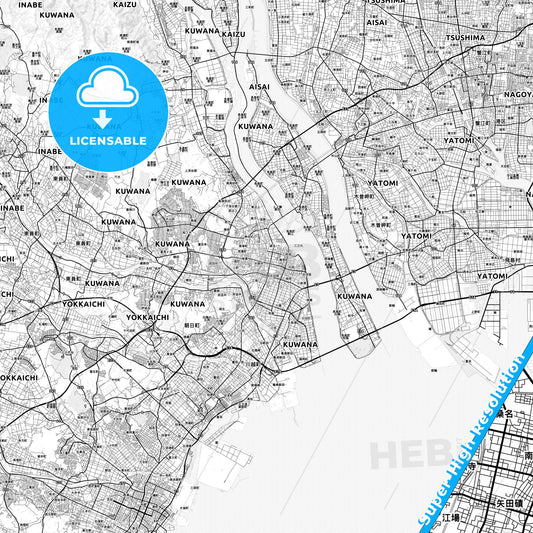 Kuwana, Japan light map with streetnames, citynames and districts