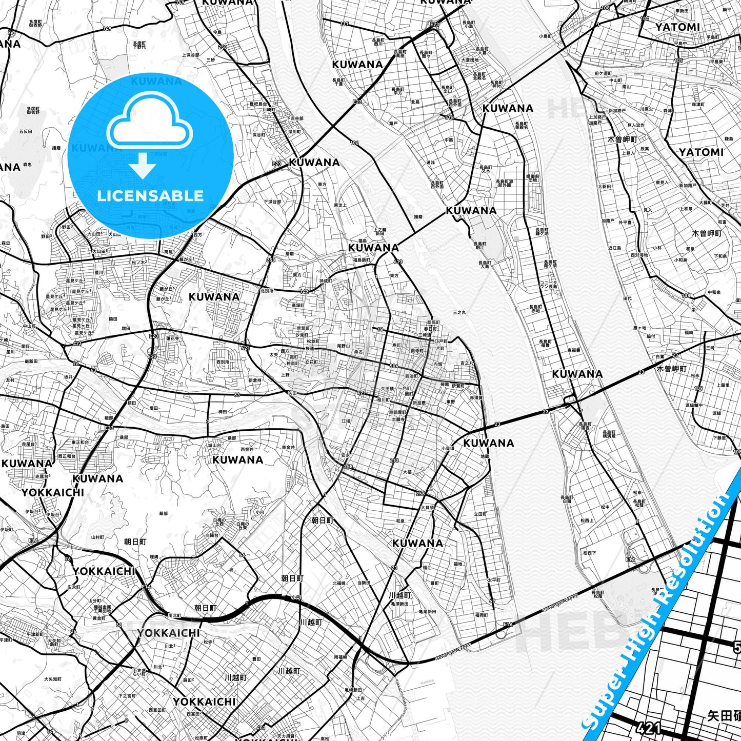 Kuwana, Japan Light Map with Street Names, City Names, and Districts