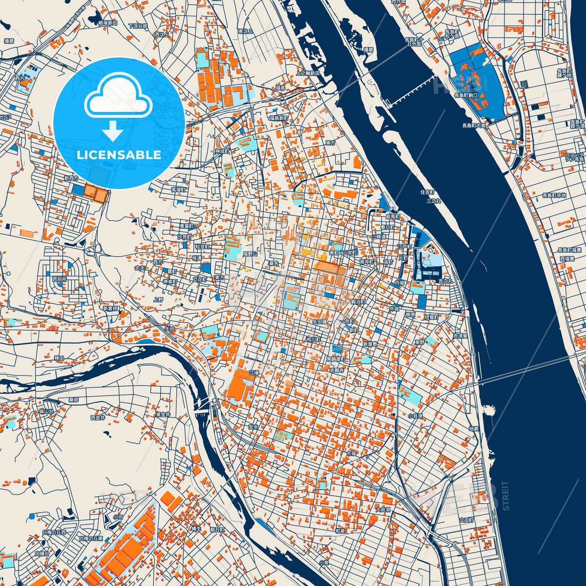 Colorful Kuwana Street Map with Labels and Buildings