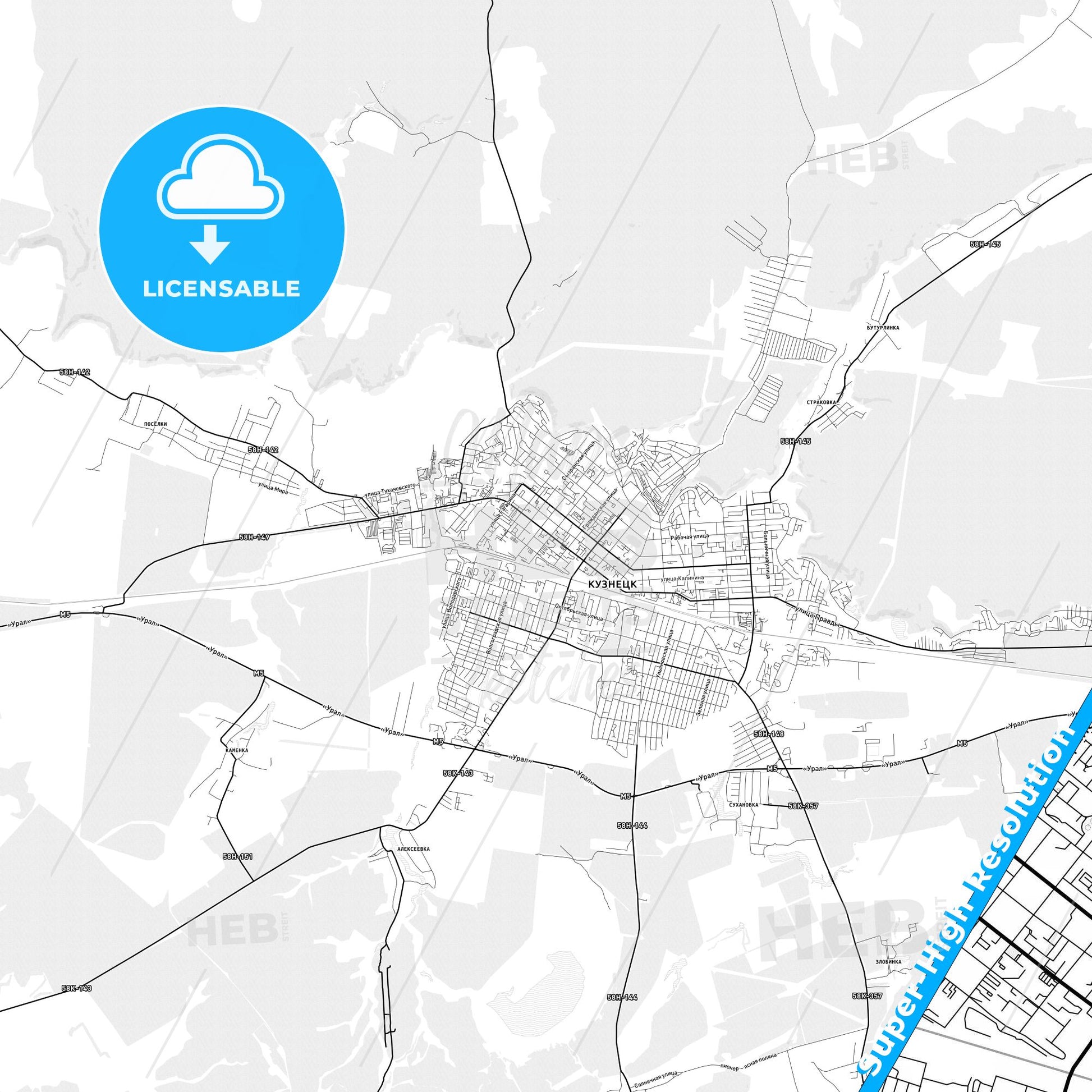 Kuznetsk, Russia light map with streetnames, citynames and districts