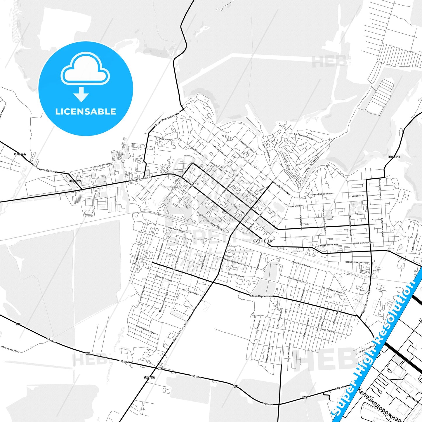 Kuznetsk, Russia Light Map with Street Names, City Names, and Districts