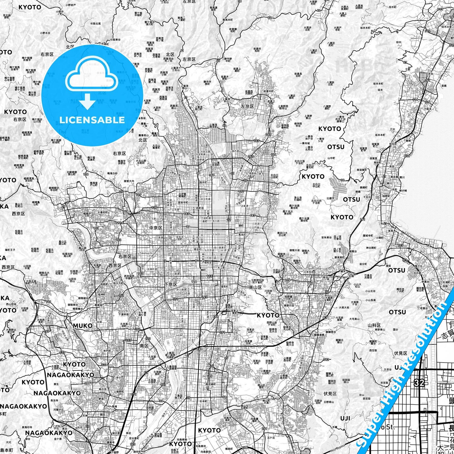 Kyoto, Japan light map with streetnames, citynames and districts