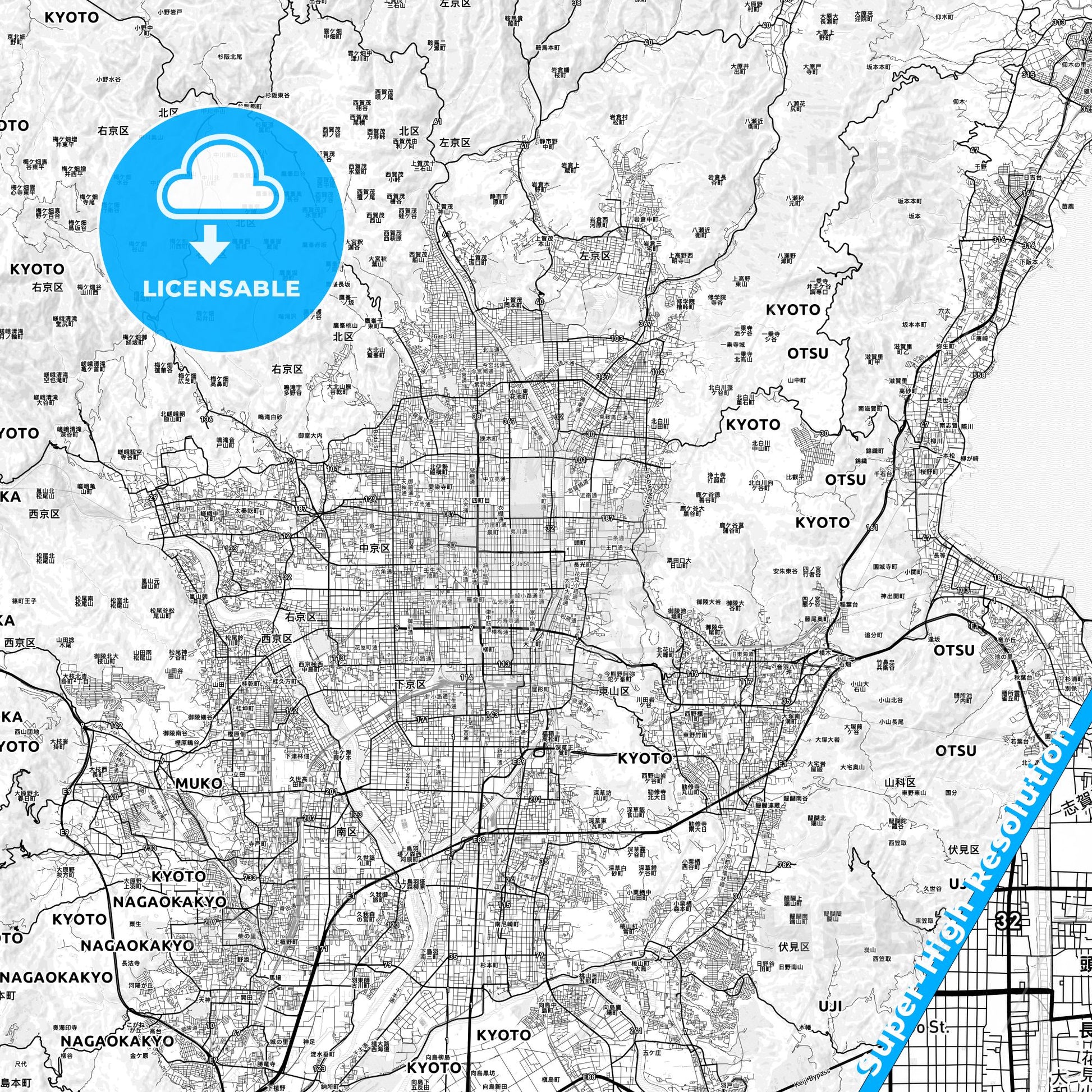 Kyoto, Japan light map with streetnames, citynames and districts