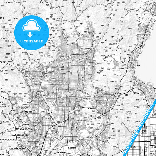 Kyoto, Japan light map with streetnames, citynames and districts