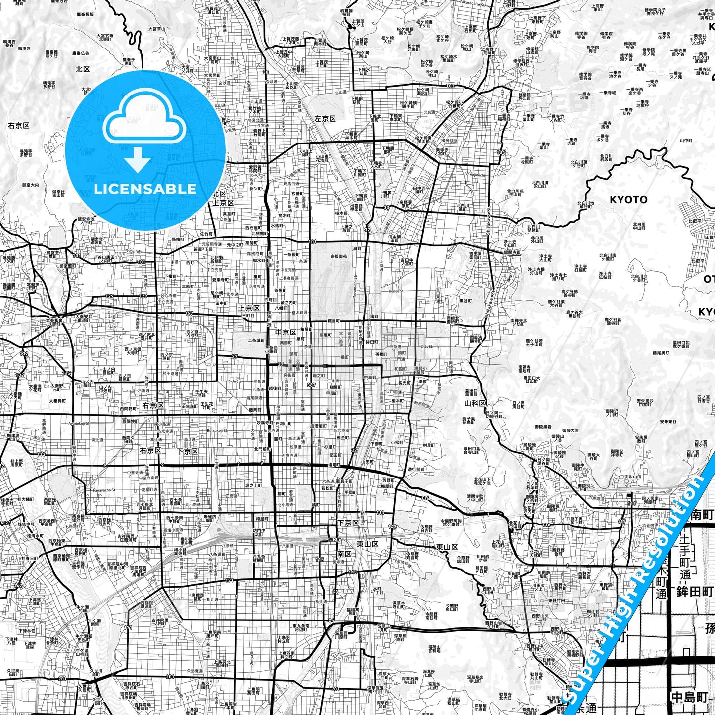 Kyoto, Japan Light Map with Street Names, City Names, and Districts