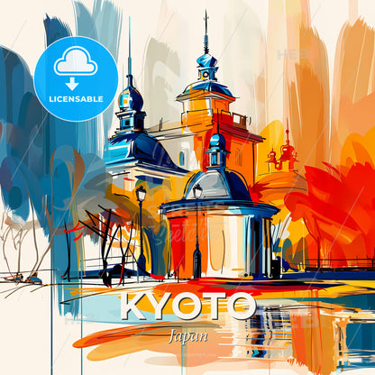 Vibrant Kyoto, Japan - A Painting Of A Building With A Colorful Background - Square format print template