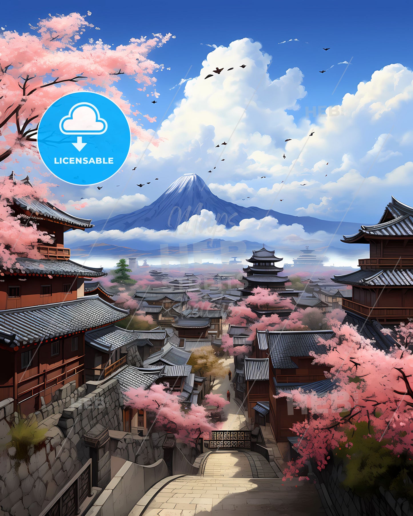 Vibrant Art Print of Kyoto City Skyline with Blooming Cherry Blossoms in Painting Style