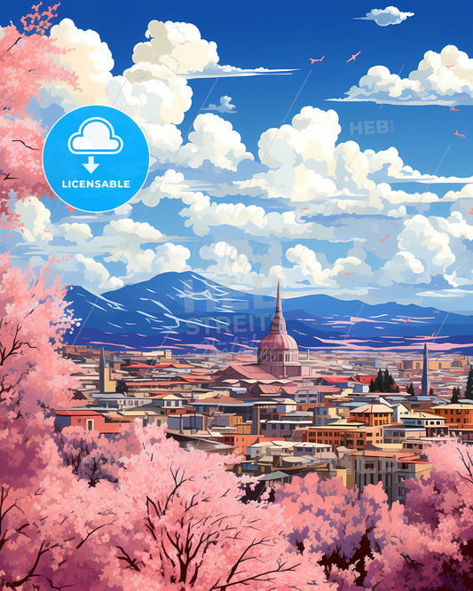 Kyoto Skyline Painting: Vibrant City with Pink Trees, Mountains, and Artistic Flair