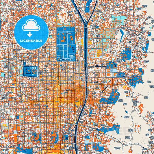 Colorful Kyoto Street Map with Labels and Buildings