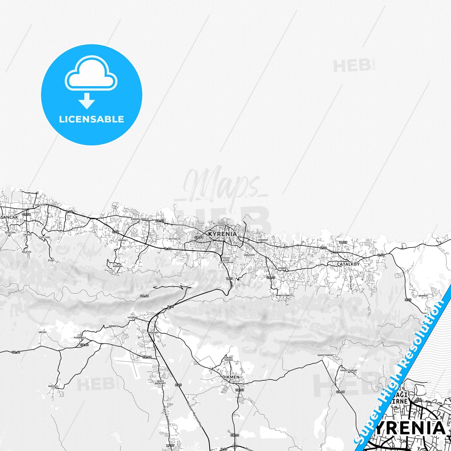 Kyrenia  , Cyprus light map with streetnames, citynames and districts