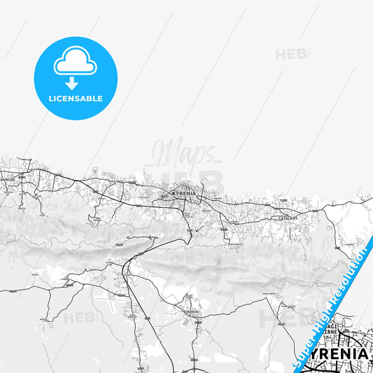 Kyrenia  , Cyprus light map with streetnames, citynames and districts