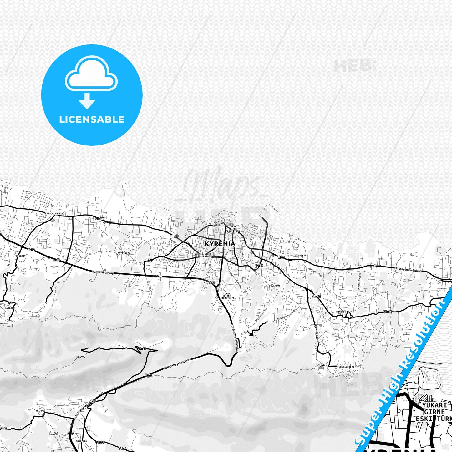 Kyrenia  , Cyprus Light Map with Street Names, City Names, and Districts