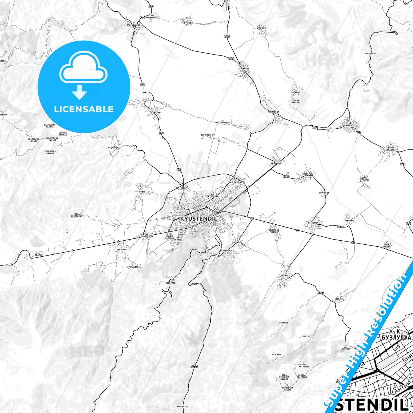 Kyustendil, Bulgaria light map with streetnames, citynames and districts