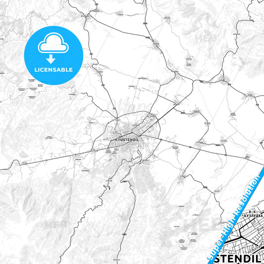 Kyustendil, Bulgaria light map with streetnames, citynames and districts