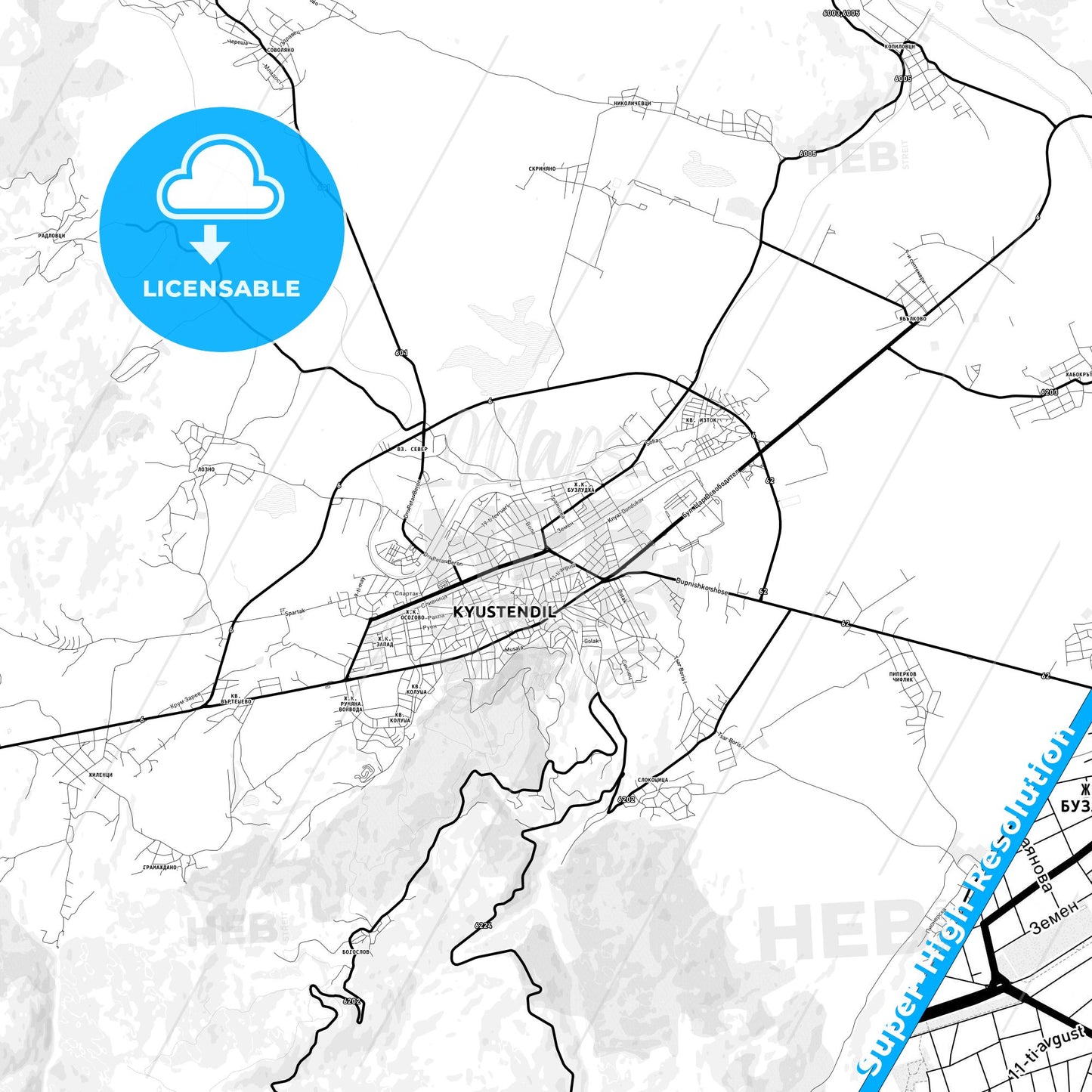 Kyustendil, Bulgaria Light Map with Street Names, City Names, and Districts