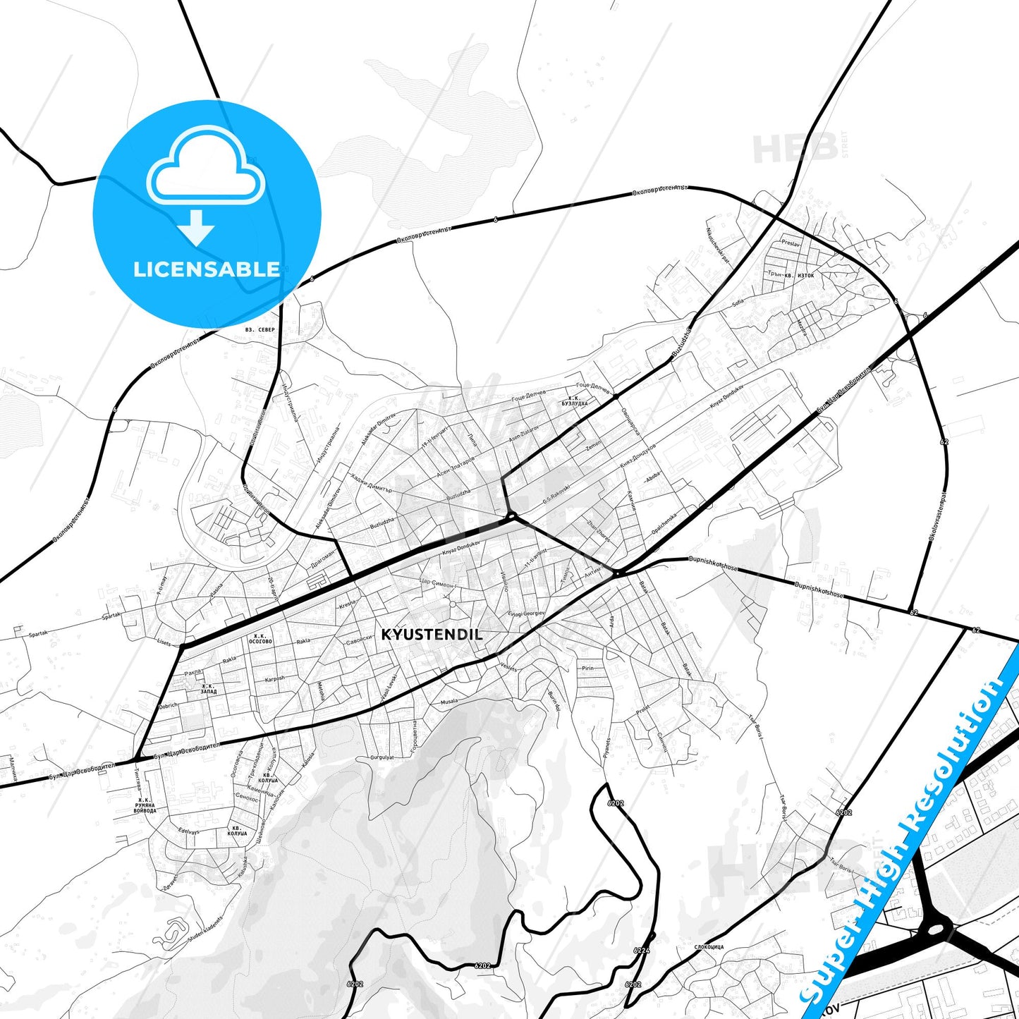 Kyustendil, Bulgaria Light Map with Street Names, City Names, and Districts