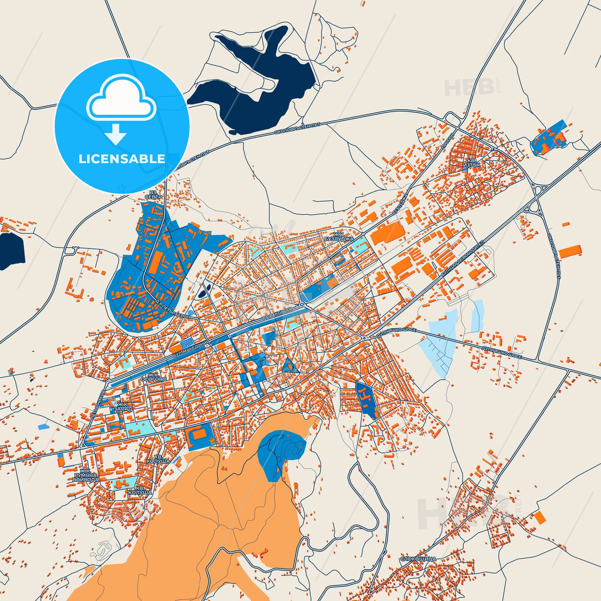 Colorful Kyustendil Street Map with Labels and Buildings